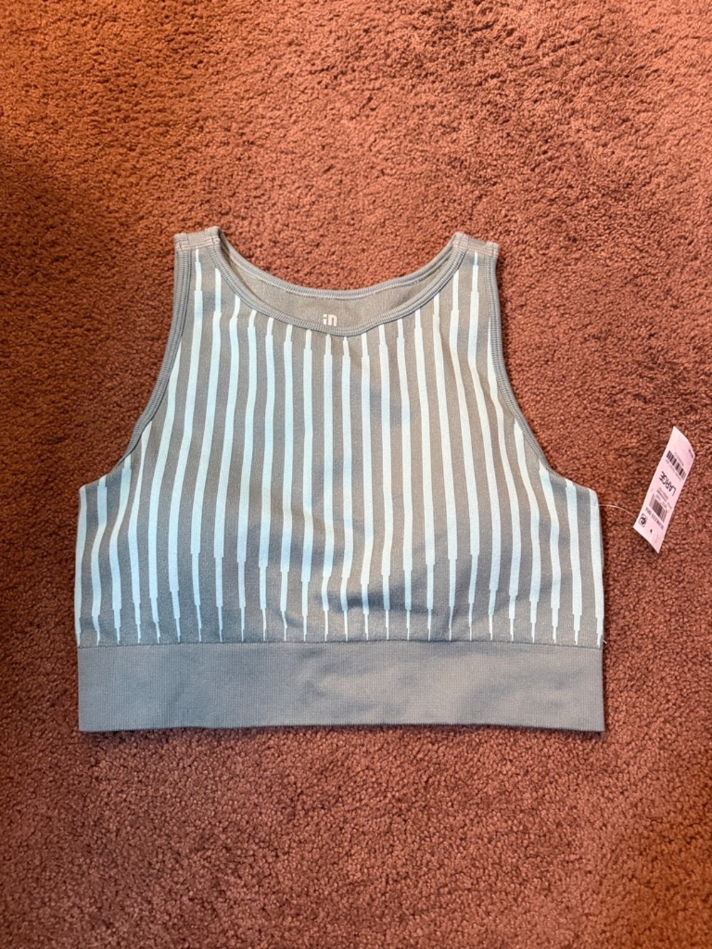Ideology Striped Ribbed High Neck Seamless Bra in Green Fog Size L NWT